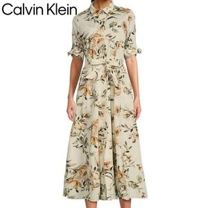 Calvin Klein Floral Cotton Tie-Waist Midi Shirt Dress